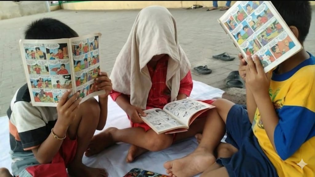 [FOTO 6: terdengar suara riuh dari kejauhan. Suara anak-anak. Suara tawa]